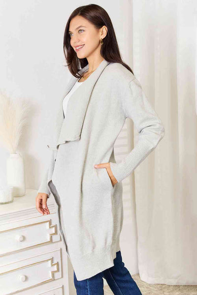 Double Take Open Front Duster Cardigan with Pockets-Trendsi-SatinBoutique