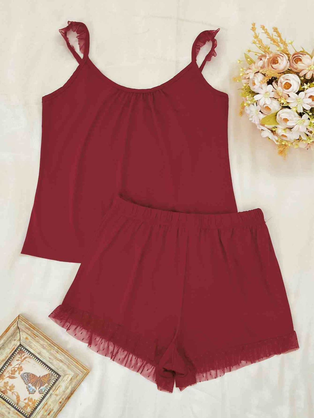 Gathered Detail Spliced Mesh Sleeveless Top and Shorts Lounge Set -