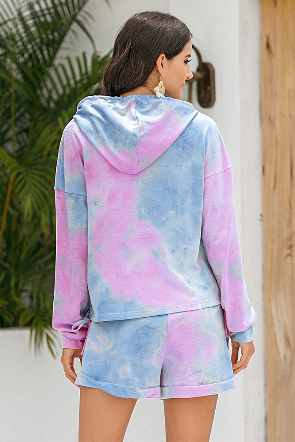 Tie-Dye Drawstring Hoodie and Shorts Set Trendsi