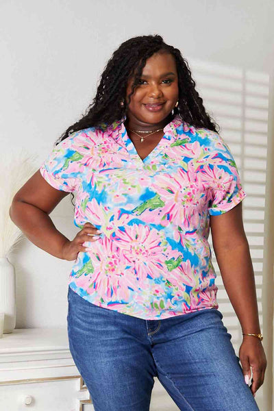 Double Take Floral Notched Neck Short Sleeve Top, Also Plus sizes-Trendsi-Multicolor-XL-SatinBoutique