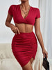 Twisted Deep V Cropped Top and Ruched Skirt Set Trendsi