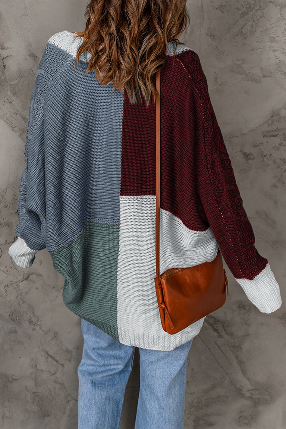 Color Block Cable-Knit Batwing Sleeve Cardigan Trendsi