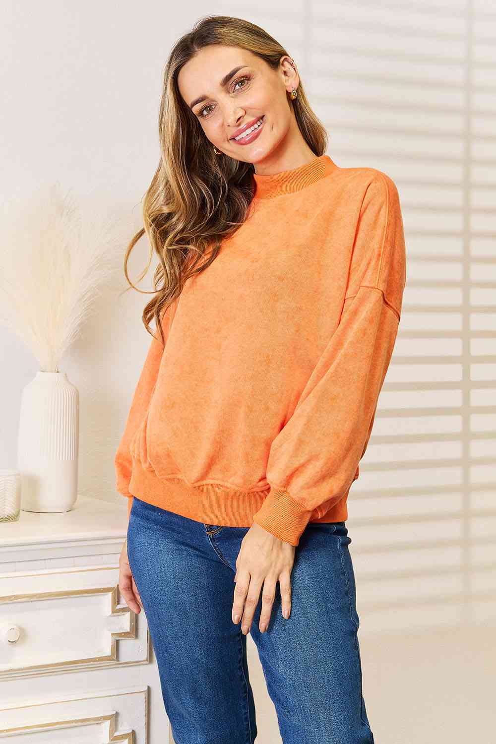 Basic Bae Round Neck Dropped Shoulder Sweatshirt-Trendsi-Pumpkin-S-SatinBoutique