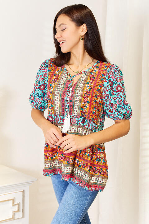 Double Take Bohemian Tassel Tie Puff Sleeve Babydoll Blouse-Trendsi-SatinBoutique