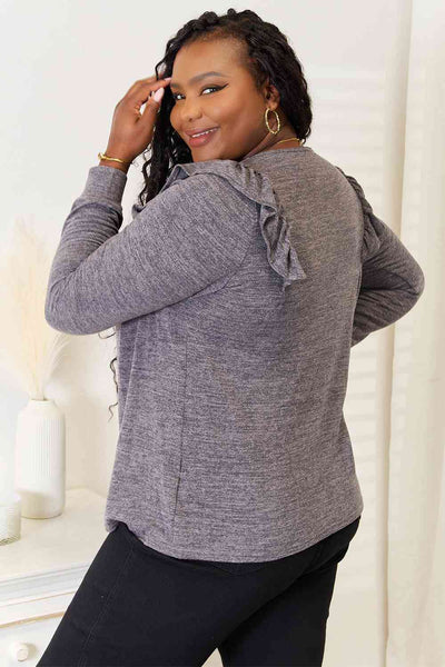 Double Take Square Neck Ruffle Shoulder Long Sleeve T-Shirt, Also Plus sizes-Trendsi-SatinBoutique