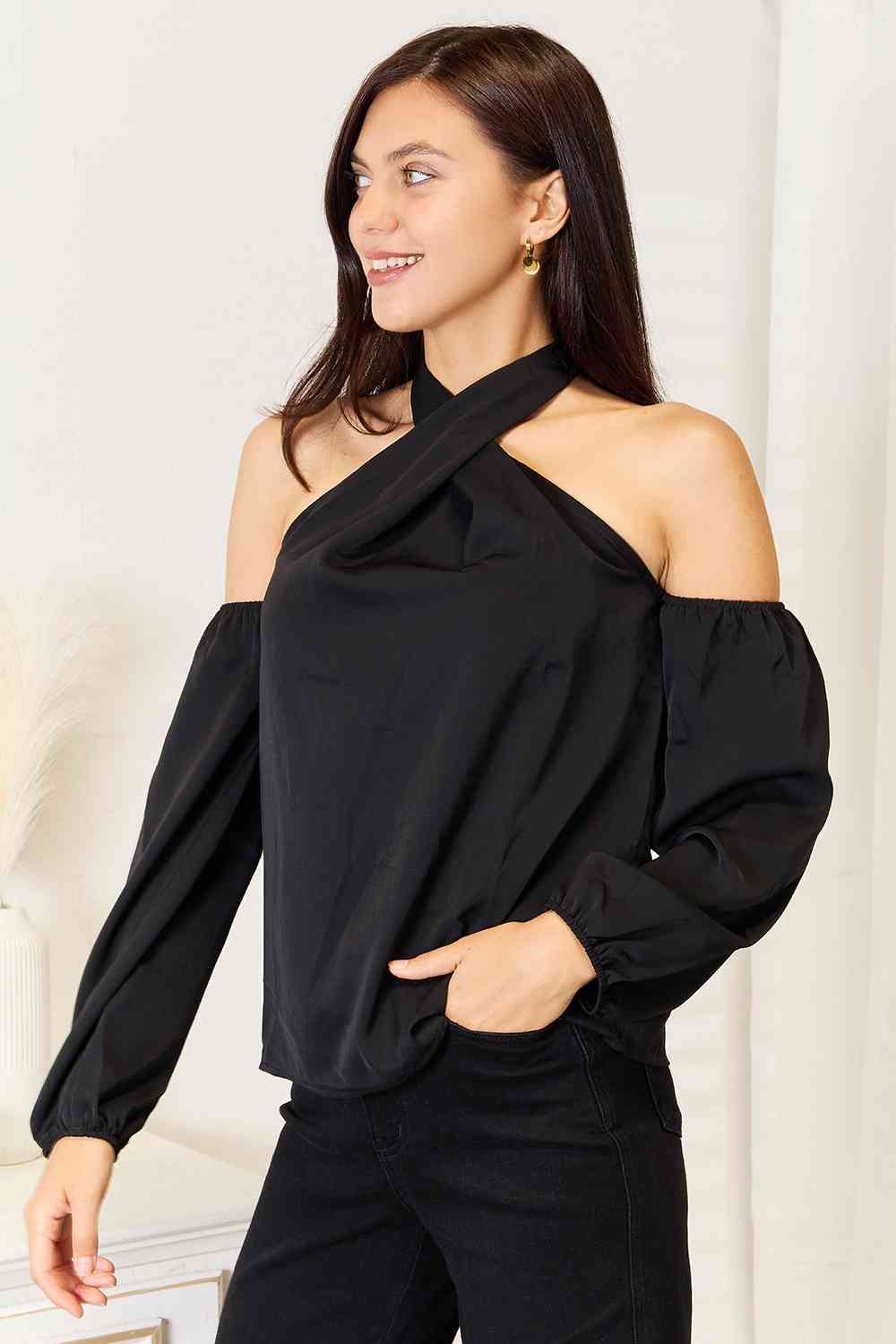 Double Take Grecian Cold Shoulder Long Sleeve Blouse-Trendsi-SatinBoutique