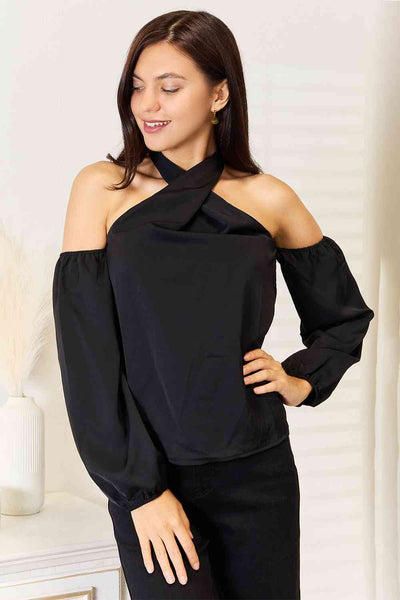 Double Take Grecian Cold Shoulder Long Sleeve Blouse-Trendsi-Black-S-SatinBoutique