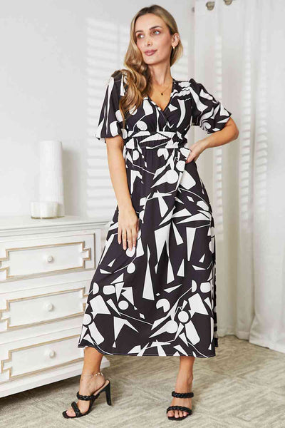 Double Take Printed Surplice Balloon Sleeve Dress-Trendsi-SatinBoutique