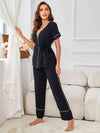 Contrast Piping Belted Top and Pants Pajama Set of minimalist and modest style.