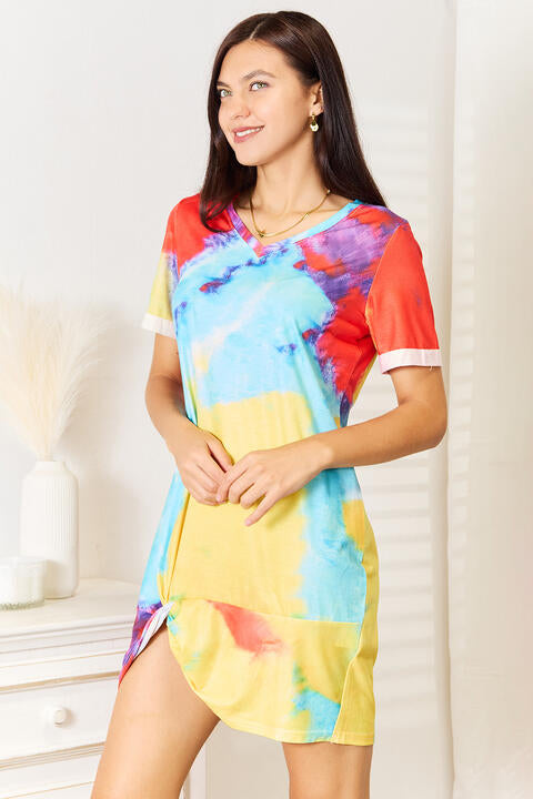 Double Take Tie-Dye V-Neck Twisted Dress-Trendsi-SatinBoutique