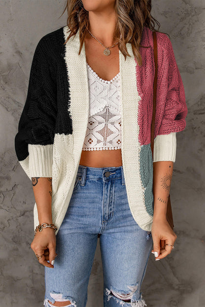 Color Block Cable-Knit Batwing Sleeve Cardigan Trendsi