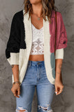 Color Block Cable-Knit Batwing Sleeve Cardigan Trendsi