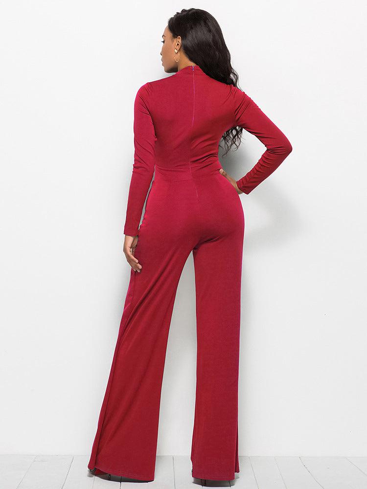 Long Sleeve Mock Neck Wide Leg Jumpsuit Trendsi