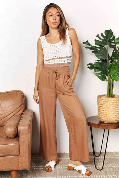 Double Take Drawstring Smocked Waist Wide Leg Pants-Trendsi-SatinBoutique