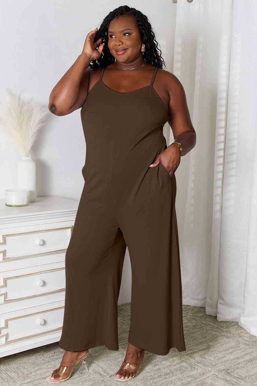 Basic Bae Full Size Spaghetti Strap V-Neck Jumpsuit-Trendsi-Chocolate-XL-SatinBoutique