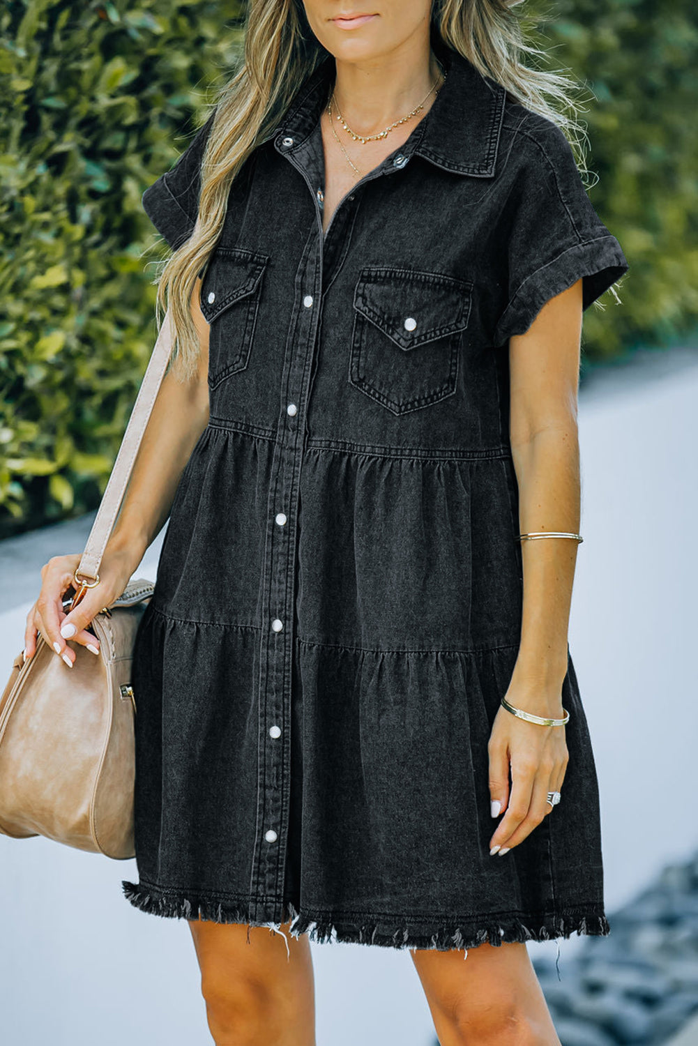 Button Front Raw Hem Denim Dress Trendsi