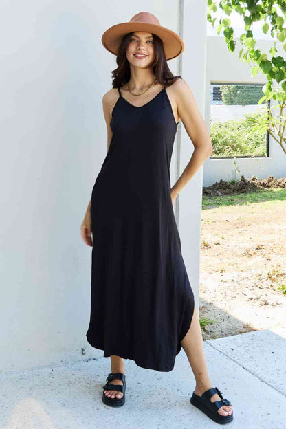 Ninexis Good Energy Full Size Cami Side Slit Maxi Dress in Black, Also in Plus sizes-Trendsi-SatinBoutique