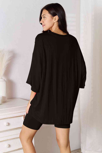 Basic Bae Full Size Soft Rayon Three-Quarter Sleeve Top and Shorts Set-Trendsi-Black-S-SatinBoutique