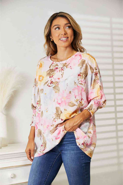 Double Take Floral Round Neck Three-Quarter Sleeve Top-Trendsi-SatinBoutique