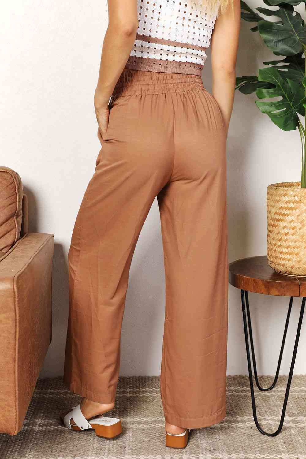 Double Take Drawstring Smocked Waist Wide Leg Pants-Trendsi-SatinBoutique