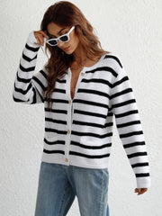 Striped Button Front Cardigan Trendsi