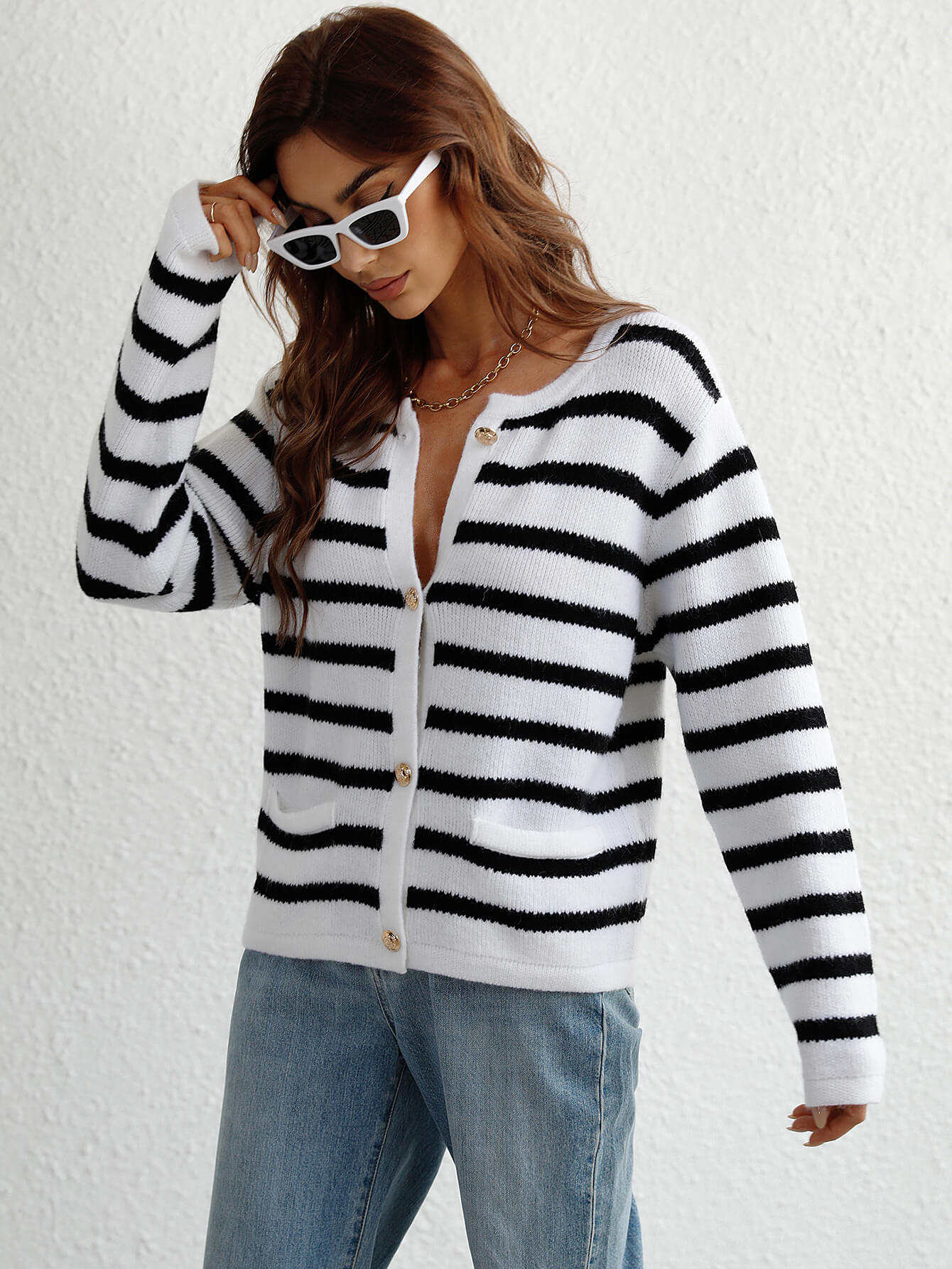 Striped Button Front Cardigan Trendsi