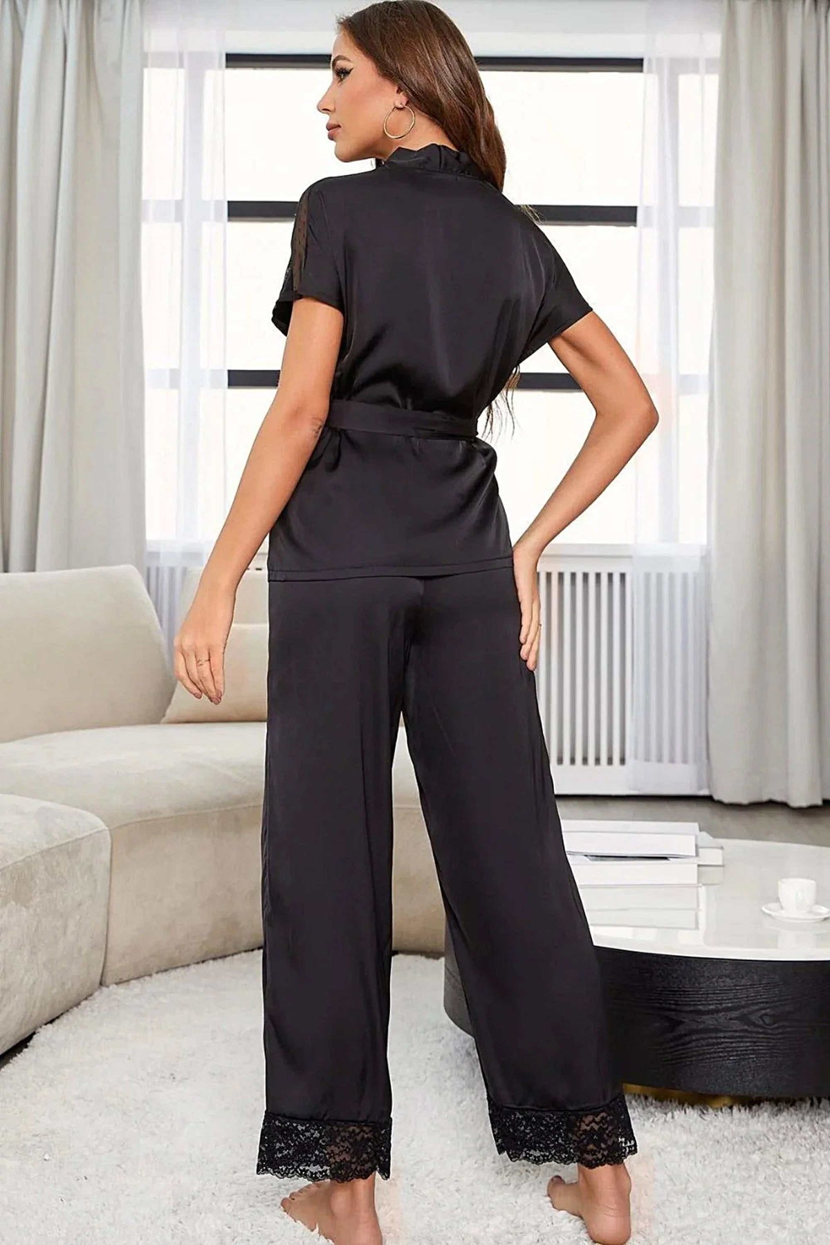Surplice Neck Tie Waist Top and Pants Pajama Set - womans pajamas