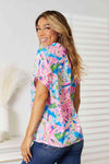 Double Take Floral Notched Neck Short Sleeve Top, Also Plus sizes-Trendsi-SatinBoutique