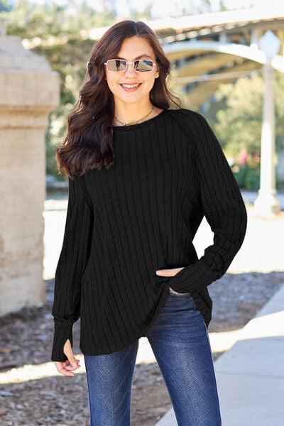 Basic Bae Full Size Ribbed Round Neck Long Sleeve Knit Top