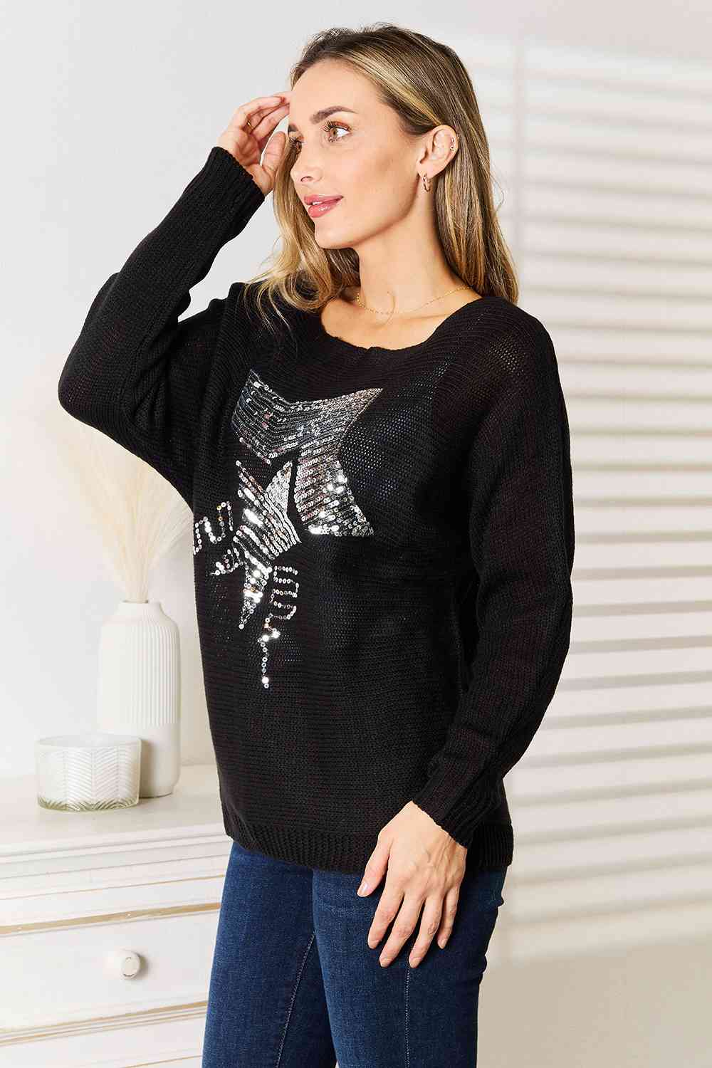 Double Take Sequin Graphic Dolman Sleeve Knit Top-Trendsi-SatinBoutique