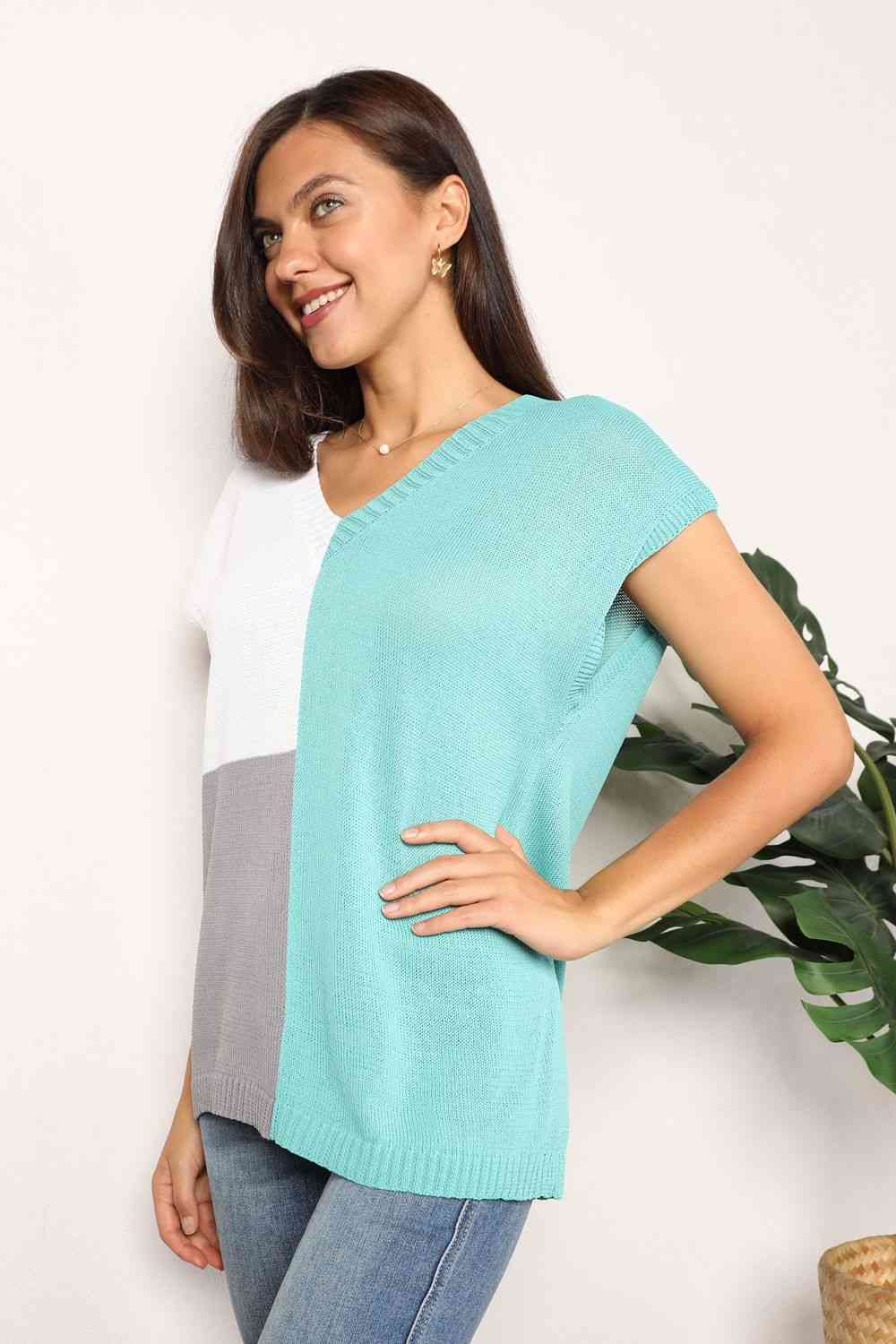 Double Take Color Block V-Neck Knit Top-Trendsi-SatinBoutique