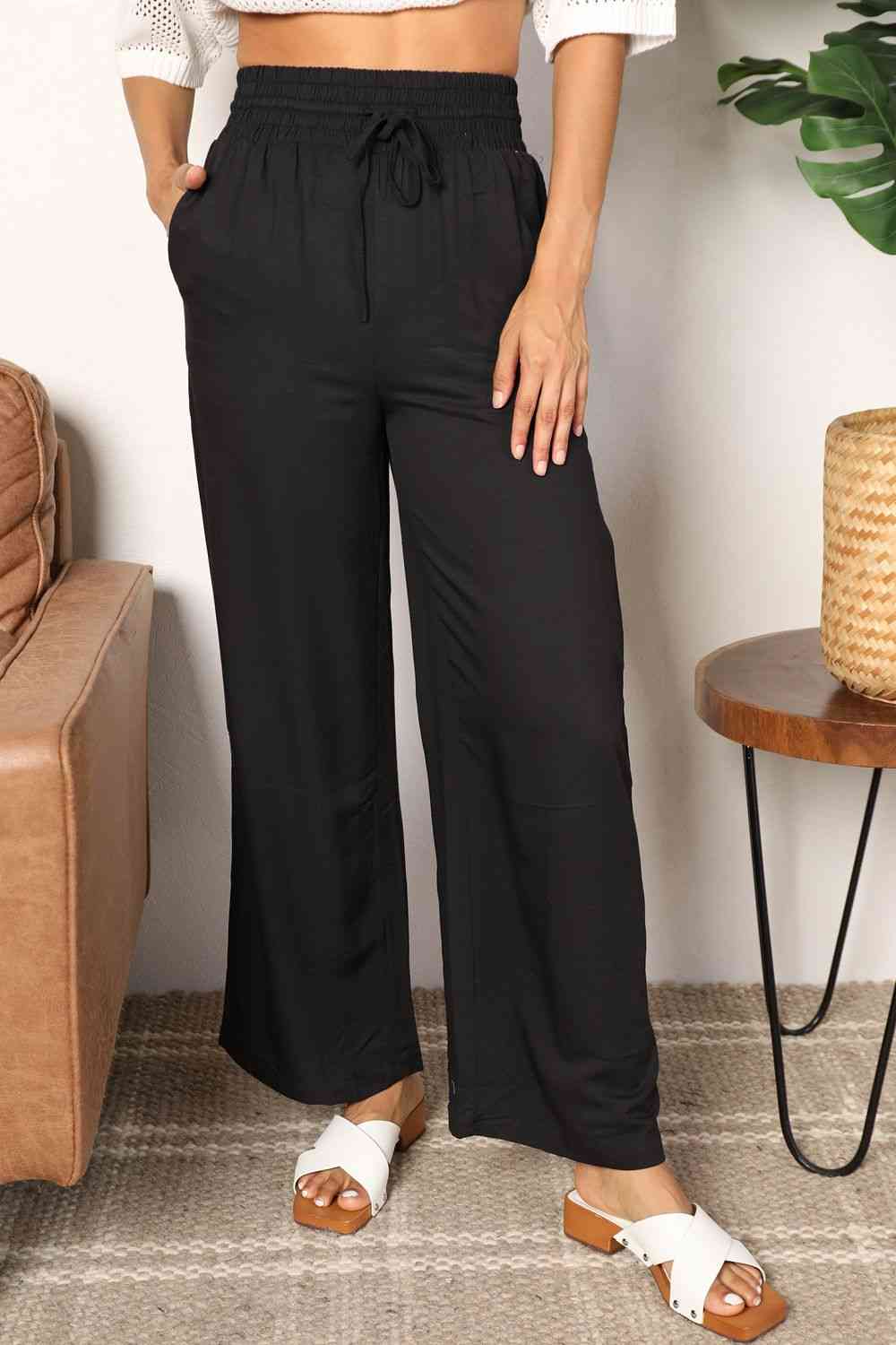 Double Take Drawstring Smocked Waist Wide Leg Pants-Trendsi-SatinBoutique