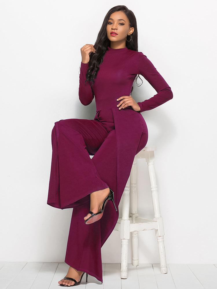 Long Sleeve Mock Neck Wide Leg Jumpsuit Trendsi