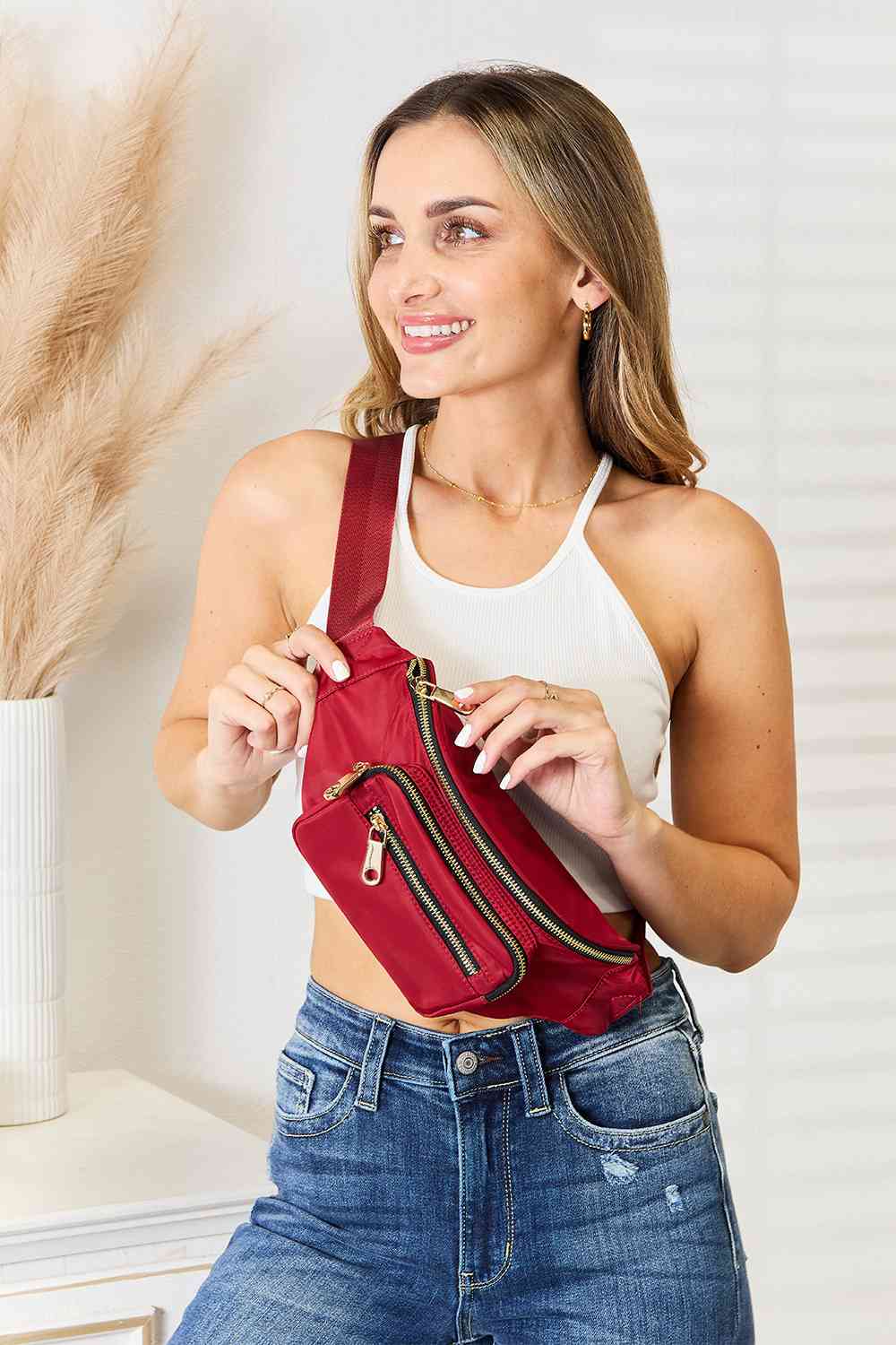 Fame Triple Pocket Nylon Fanny Pack-Trendsi-Deep Red-One Size-SatinBoutique