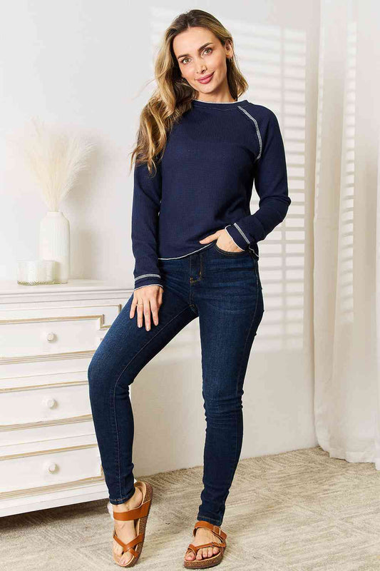 Basic Bae Long Raglan Sleeve Round Neck Top-Trendsi-SatinBoutique