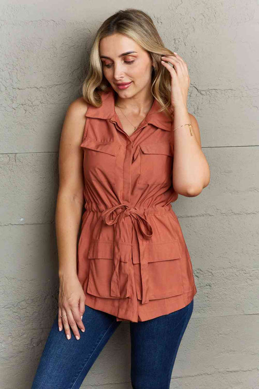 Ninexis Follow The Light Sleeveless Collared Button Down Top-Trendsi-Brick Red-S-SatinBoutique