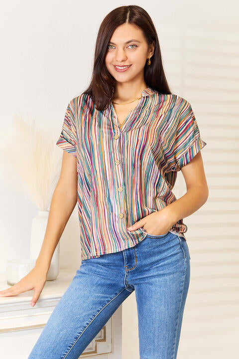 Double Take Multicolored Stripe Notched Neck Top-Trendsi-Stripe-S-SatinBoutique