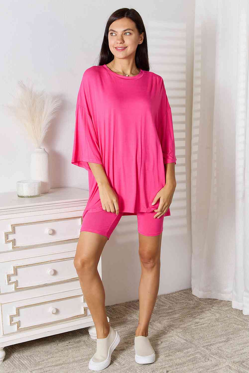 Basic Bae Full Size Soft Rayon Three-Quarter Sleeve Top and Shorts Set-Trendsi-Hot Pink-S-SatinBoutique