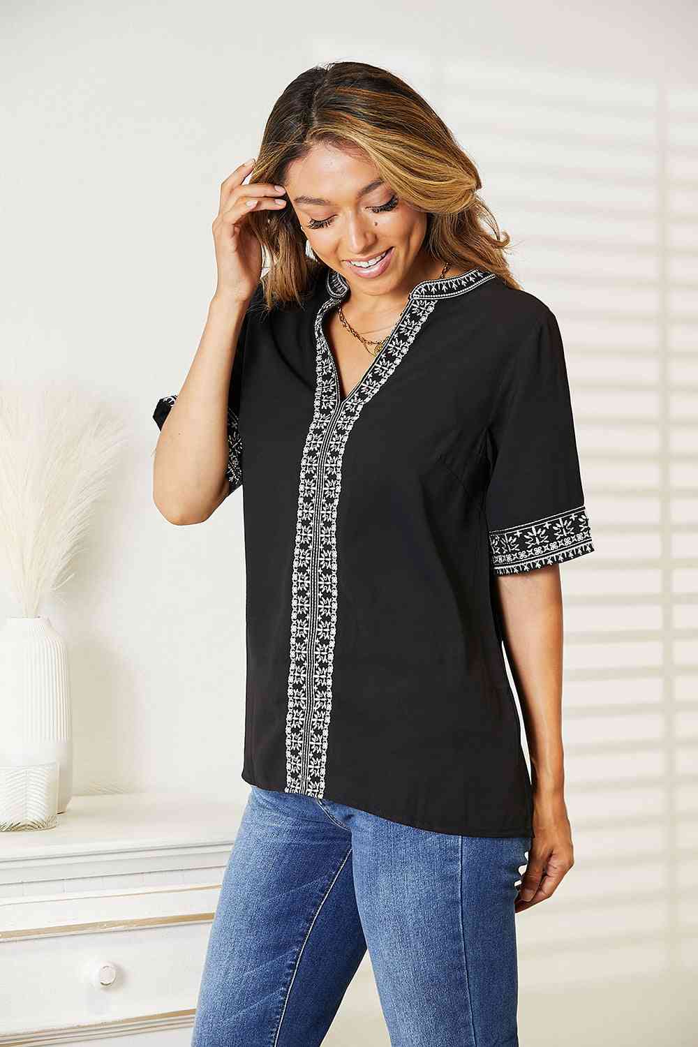 Double Take Embroidered Notched Neck Top-Trendsi-SatinBoutique