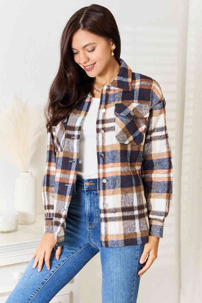 Double Take Plaid Button Front Shirt Jacket with Breast Pockets, Also in Plus sizes-Trendsi-Navy-S-SatinBoutique