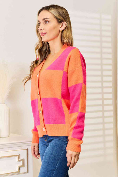 Woven Right Checkered V-Neck Dropped Shoulder Cardigan-Trendsi-SatinBoutique