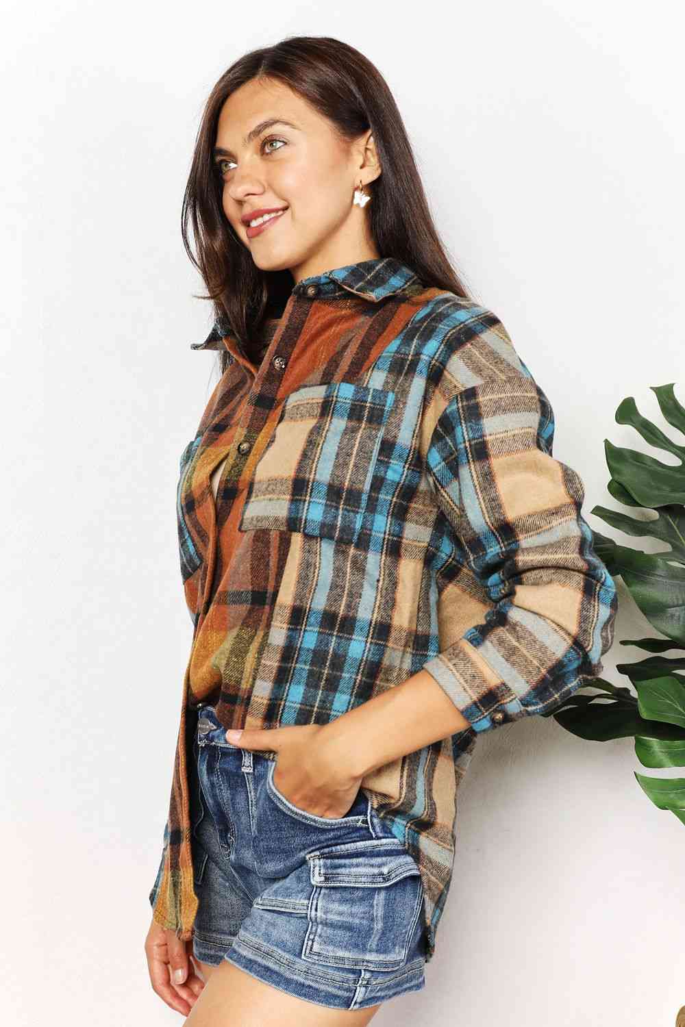 Double Take Plaid Curved Hem Shirt Jacket with Breast Pockets-Trendsi-SatinBoutique