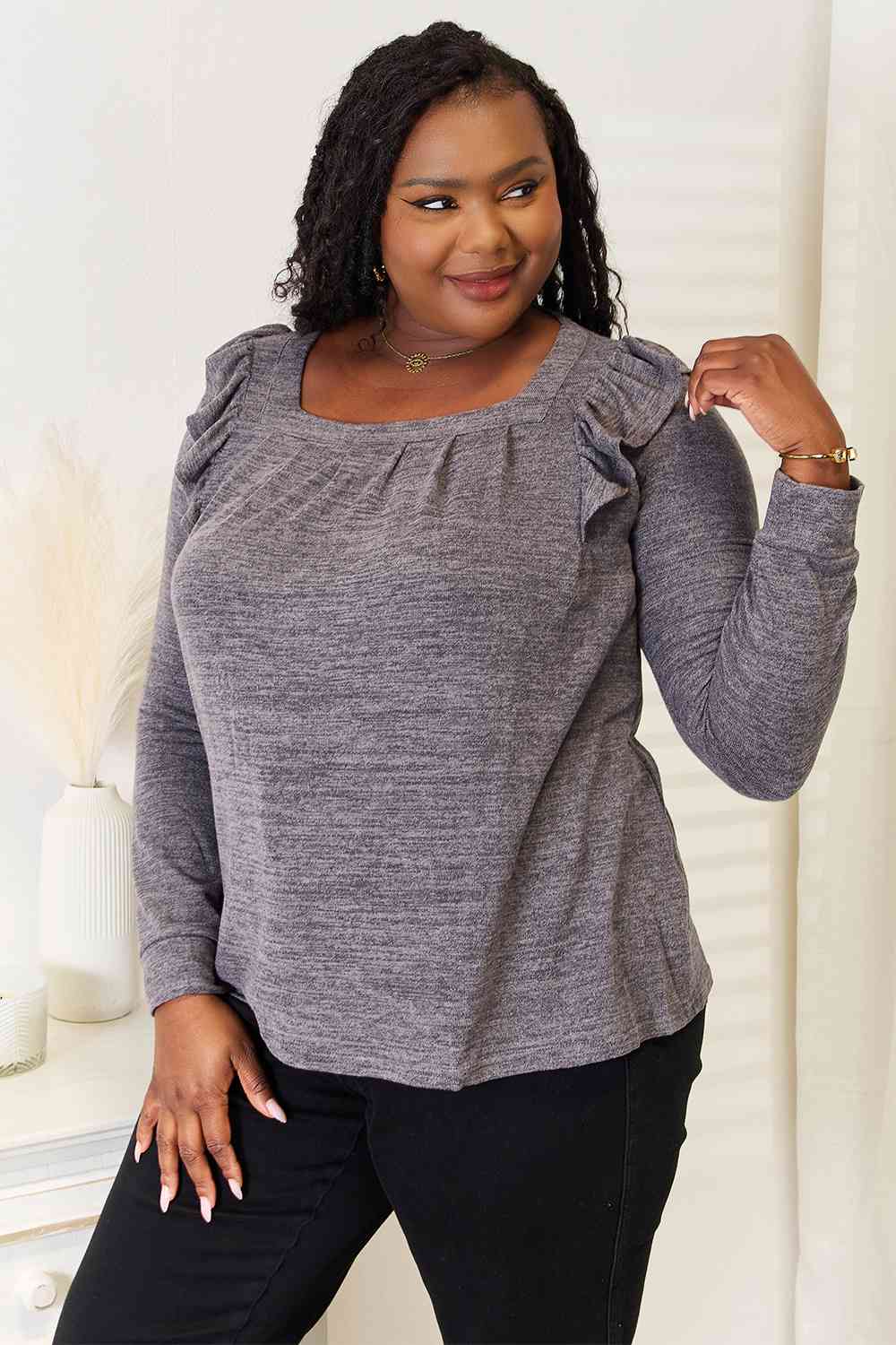 Double Take Square Neck Ruffle Shoulder Long Sleeve T-Shirt, Also Plus sizes-Trendsi-Charcoal-S-SatinBoutique