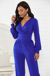 Gathered Detail Surplice Lantern Sleeve Jumpsuit Trendsi