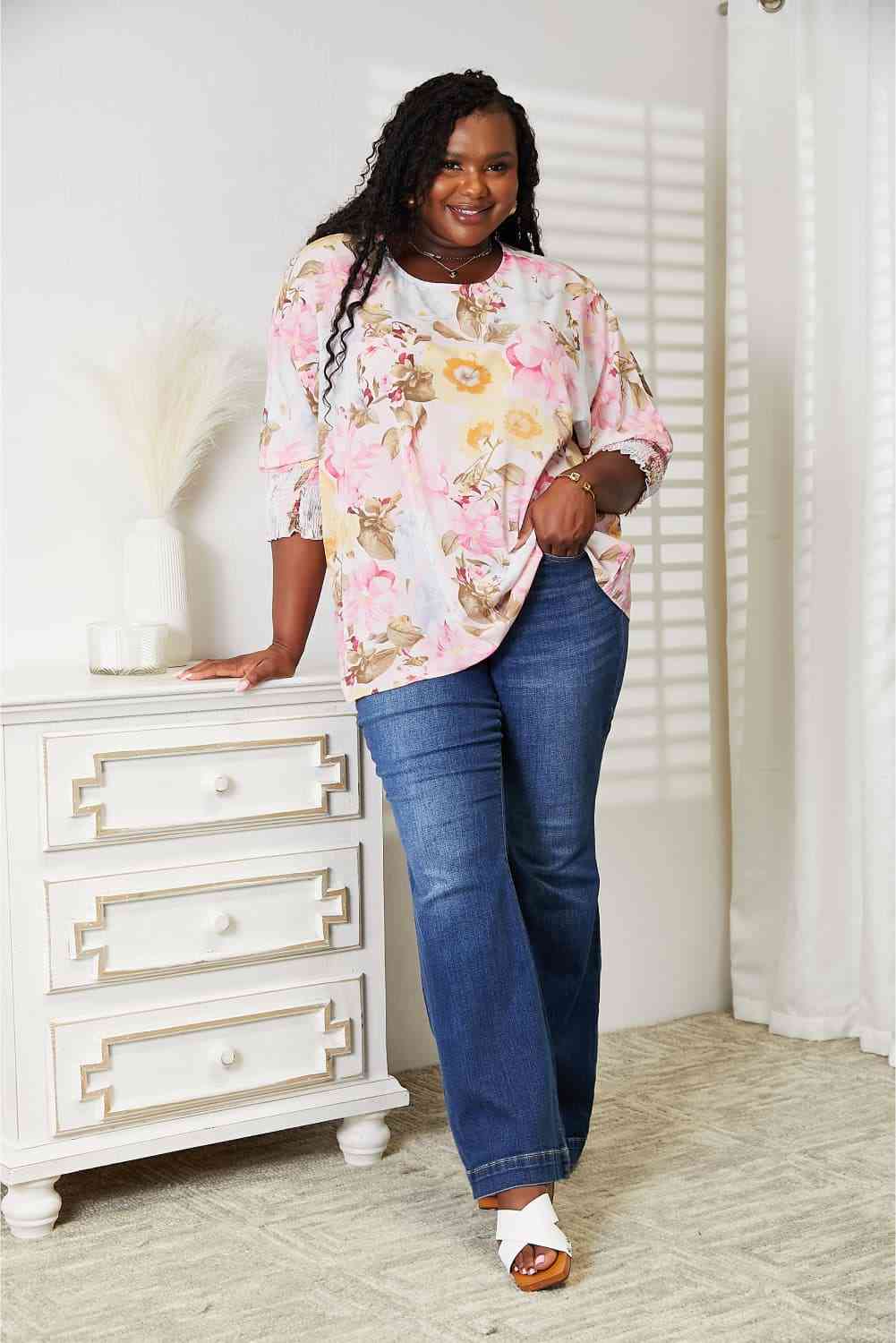 Double Take Floral Round Neck Three-Quarter Sleeve Top-Trendsi-SatinBoutique