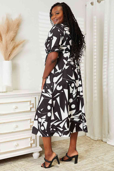 Double Take Printed Surplice Balloon Sleeve Dress-Trendsi-SatinBoutique