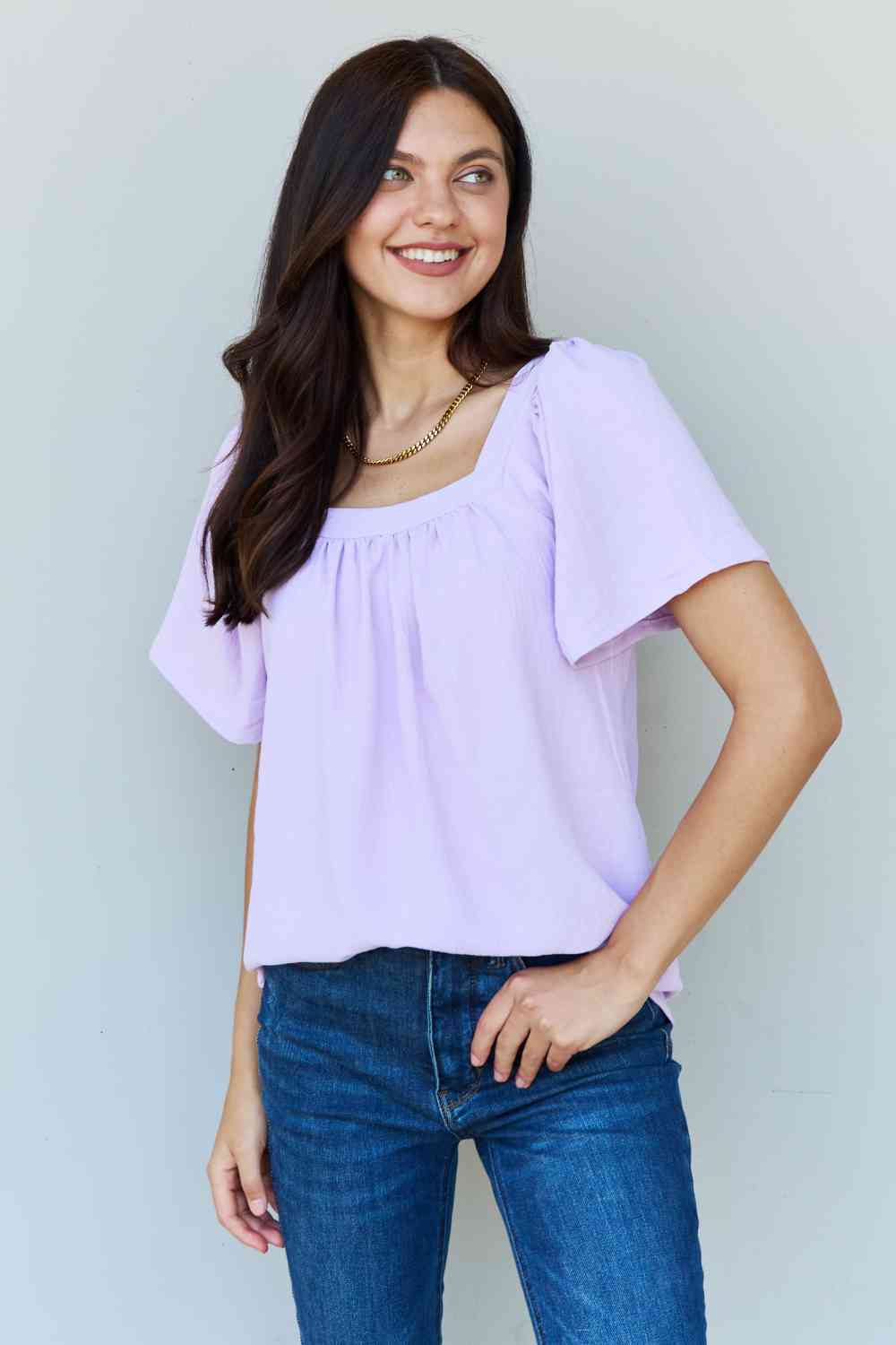 Ninexis Keep Me Close Square Neck Short Sleeve Blouse in Lavender-Trendsi-Lavender-S-SatinBoutique