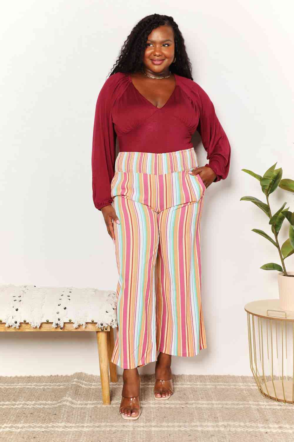 Double Take Striped Smocked Waist Pants with Pockets-Trendsi-SatinBoutique