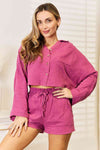 Basic Bae Buttoned Long Sleeve Top at Shorts Set-Trendsi-Fuchsia-S-SatinBoutique
