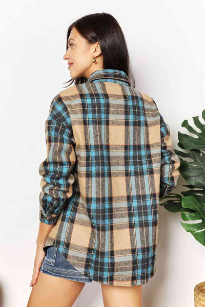 Double Take Plaid Curved Hem Shirt Jacket with Breast Pockets-Trendsi-SatinBoutique